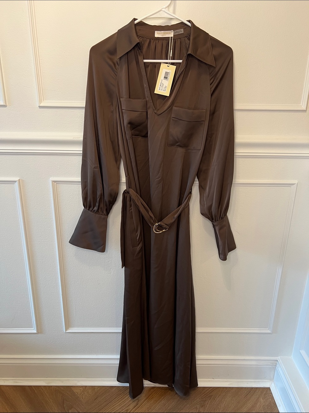 Ramy Brook Cecilia Chocolate Brown Satin Long Sleeve Belted Maxi Dress
